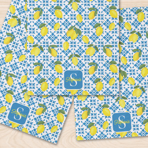 Blue Tile French Country Lemon Pattern Monogram  Tissue Paper