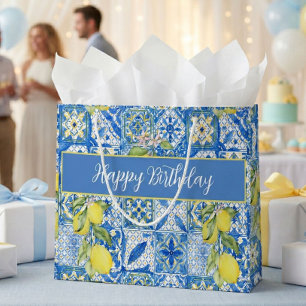 Blue Tile French Country Lemon Pattern Name Large Gift Bag