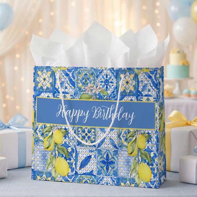 Blue Tile French Country Lemon Pattern Name Large Gift Bag (Creator Uploaded)