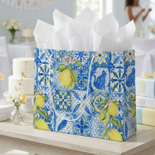 Blue Tile French Country Lemon Pattern Provencal Large Gift Bag