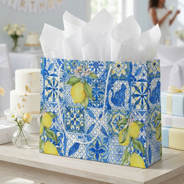 Blue Tile French Country Lemon Pattern Provencal Large Gift Bag (Creator Uploaded)