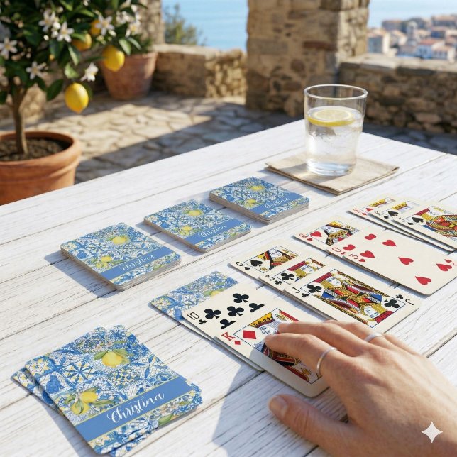 Blue Tile French Country Lemon Pattern Provencal Playing Cards (Creator Uploaded)