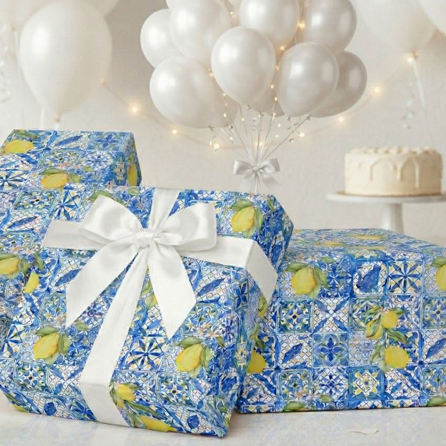 Blue Tile French Country Lemon Pattern Provencal Wrapping Paper (Creator Uploaded)