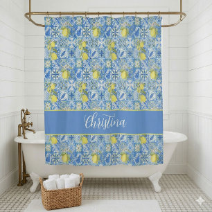 Blue Tile French Country Lemon Pattern Shower Curt Curtain