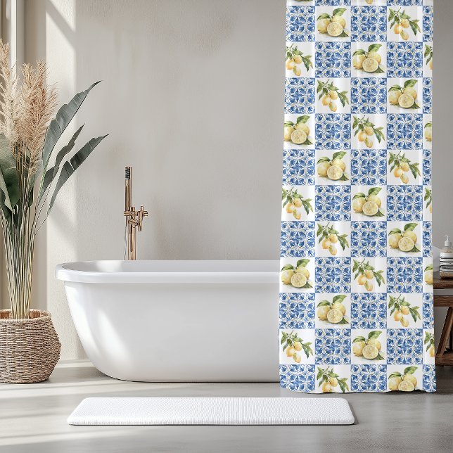 Blue Tile French Country Lemon Pattern Shower Curtain (Creator Uploaded)
