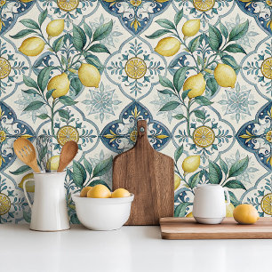 Blue Tile French Country Lemon Pattern Wallpaper