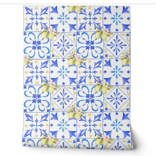 Blue Tile French Country Lemon Pattern Wallpaper