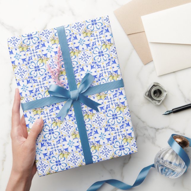 Blue Tile French Country Lemon Pattern Wrapping Paper (Gifting)