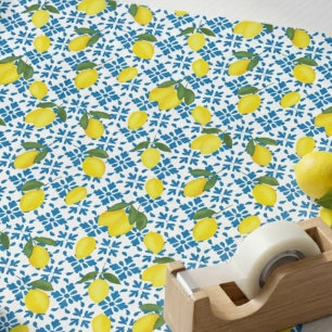 Blue Tile French Country Lemon Pattern Wrapping Paper