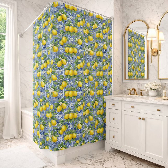 Blue Tile French Country Lemon Watercolor Pattern Shower Curtain (Creator Uploaded)