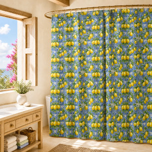 Blue Tile French Country Lemon Watercolor Pattern Shower Curtain