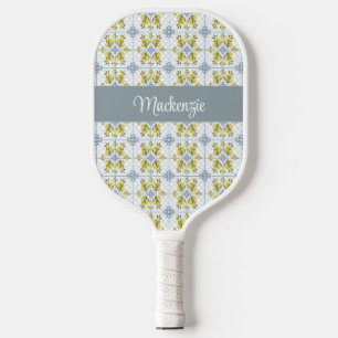 Blue Tile French Country Watercolor Lemon Name Pickleball Paddle