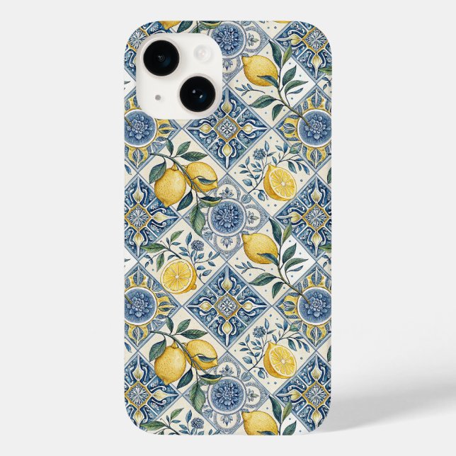 Blue Tile French Country Yellow Lemon Case-Mate iPhone Case (Back)