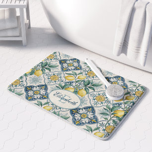 Blue Tile French Lemon Pattern Monogram Name Bath Mat