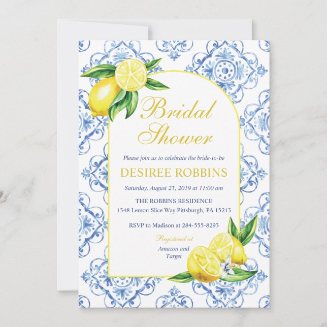 Blue Tile Italian Floral Lemon Bridal Shower Invitation (Front)
