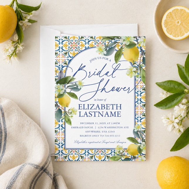 Blue Tile Italian Lemon Bridal Shower Invitation (Blue Tile Italian Lemon Bridal Shower Invitation)