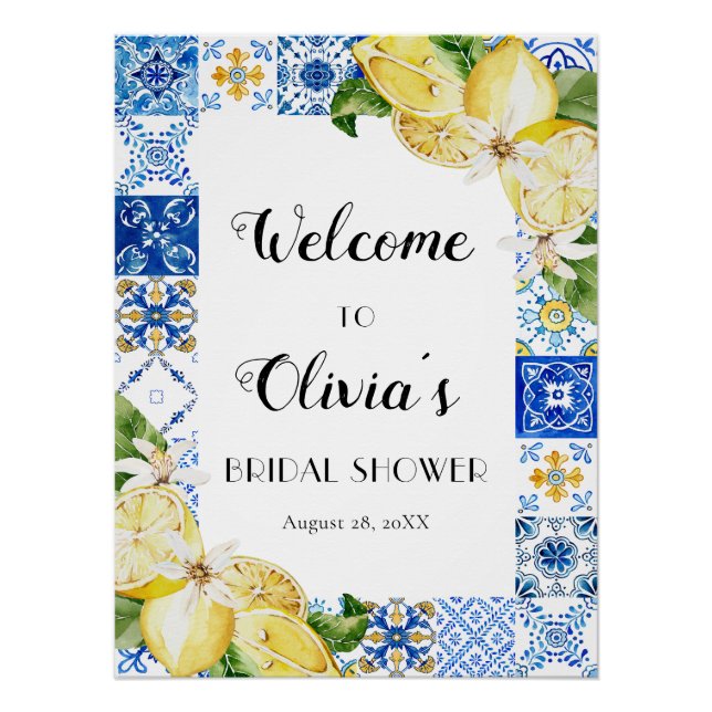 Blue Tile Lemon Amalfi Coast Bridal Shower Poster (Front)