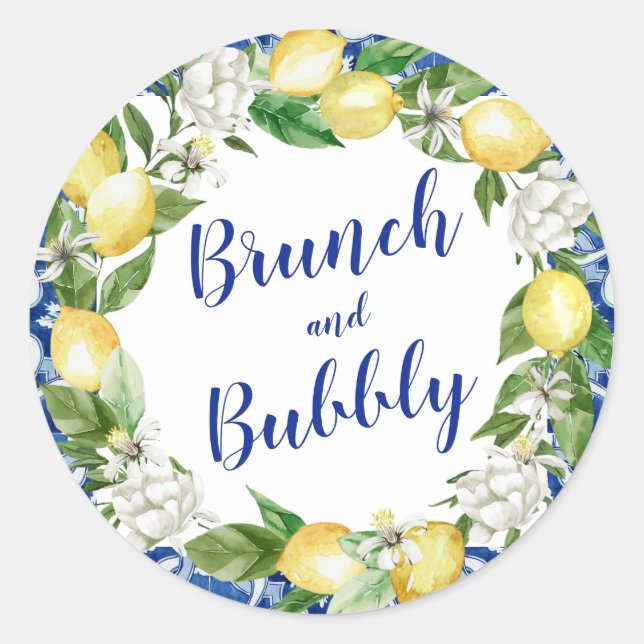 Blue Tile Lemon Bridal Brunch Bubbly Classic Round Sticker (Front)