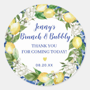 Blue Tile Lemon Bridal Brunch Bubbly Classic Round Sticker