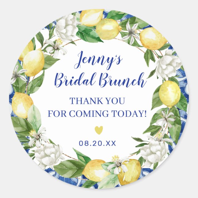 Blue Tile Lemon Bridal Brunch Classic Round Sticker (Front)