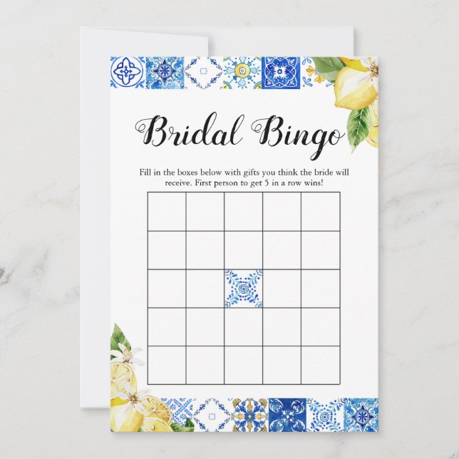 Blue Tile Lemon Bridal Shower Bridal Bingo Game Invitation (Front)