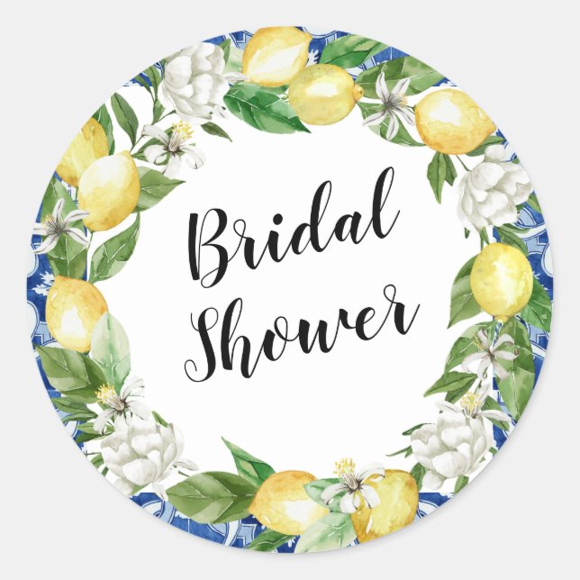 Blue Tile Lemon Bridal Shower Classic Round Sticker (Front)