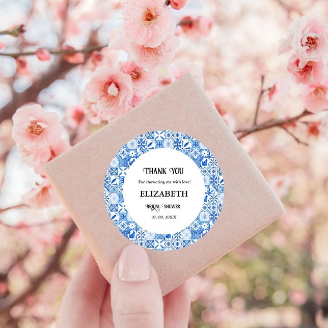 Blue tile Lemon Bridal shower Thank You Classic Round Sticker (Creator Uploaded)