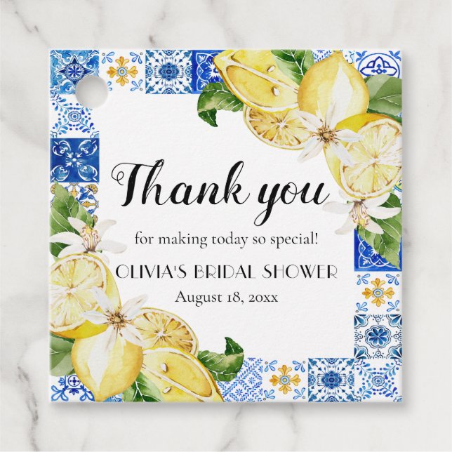 Blue Tile Lemon Italian Bridal Shower Favour Tag (Front)