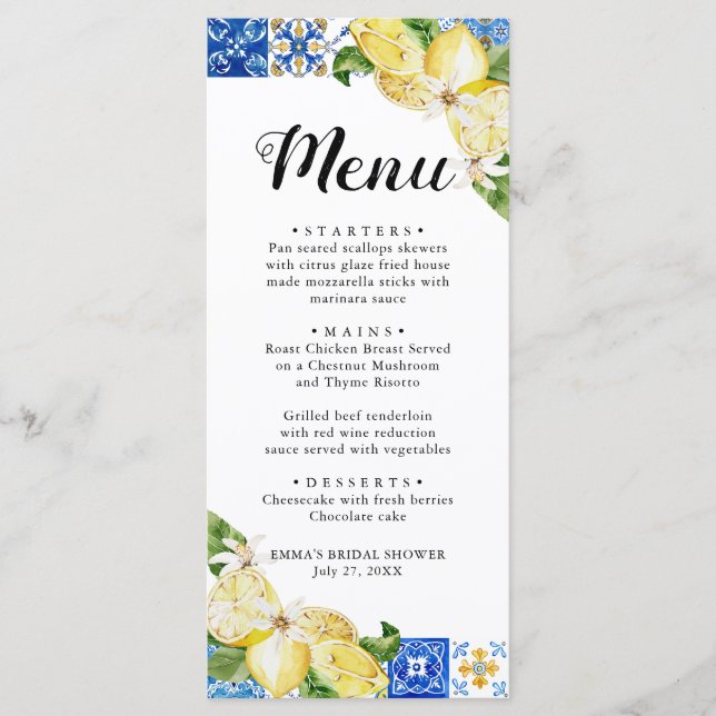 Blue Tile Lemon Italian Bridal Shower Menu Card (Front)