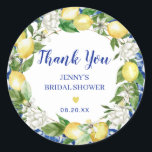 Blue Tile Lemon Italian Bridal Shower Stickers<br><div class="desc">Designed to coordinate with the Jenny's Lemon Collection, this bridal shower sticker features a yellow lemon and white floral wreath. There is a hint of the blue tiles around the edge of the round sticker. The bride's name and bridal shower follows written in a modern and trendy script font. The...</div>