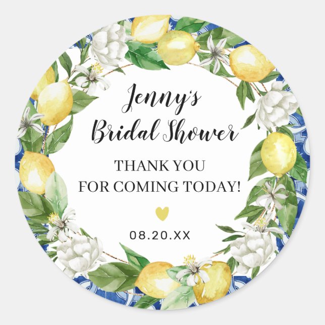 Blue Tile Lemon Italian Bridal Shower Stickers (Front)