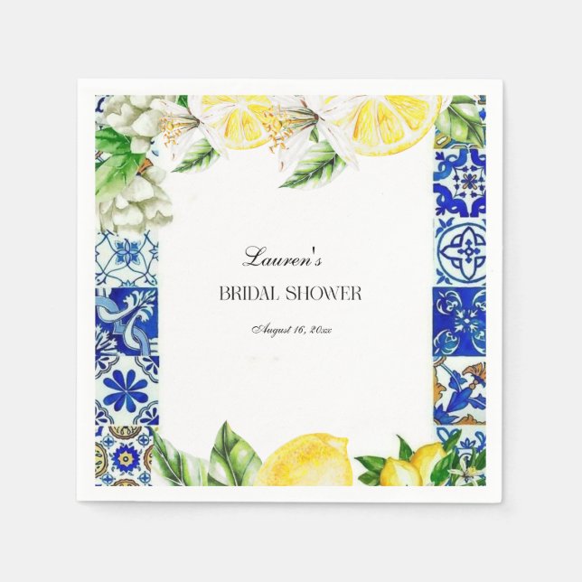 Blue Tile Lemon Italian Bridal Shower welcome Napkin (Front)