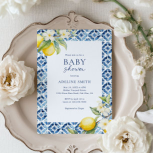 Blue Tile Lemon Italian Summer Baby Shower Invitation