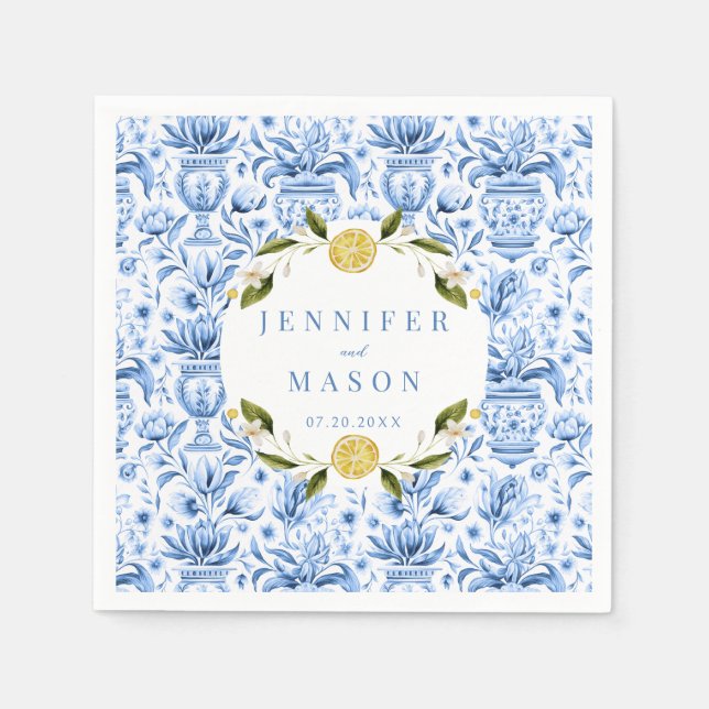 Blue tile lemon Italian wedding paper napkins (Front)