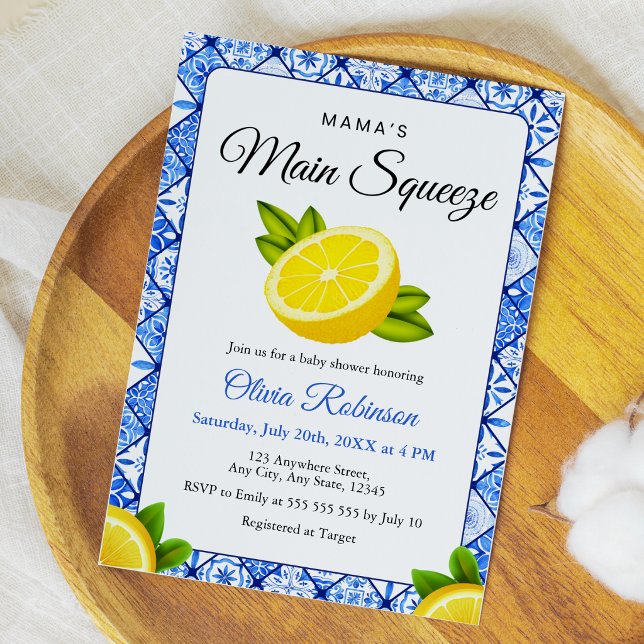 Blue Tile Lemon Mama's Main Squeeze Baby Shower  Invitation (Blue Tile Mediterranean Mama's Main Squeeze Baby Shower Invitation )