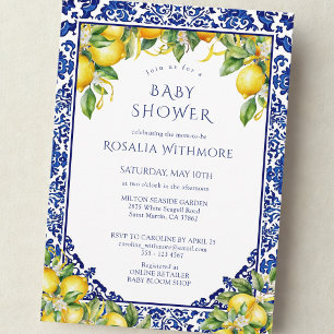 Blue Tile Lemon Mediterranean Baby Shower Invitation