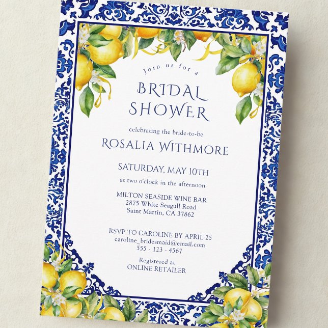 Blue Tile Lemon Mediterranean Bridal Shower Invitation (Creator Uploaded)