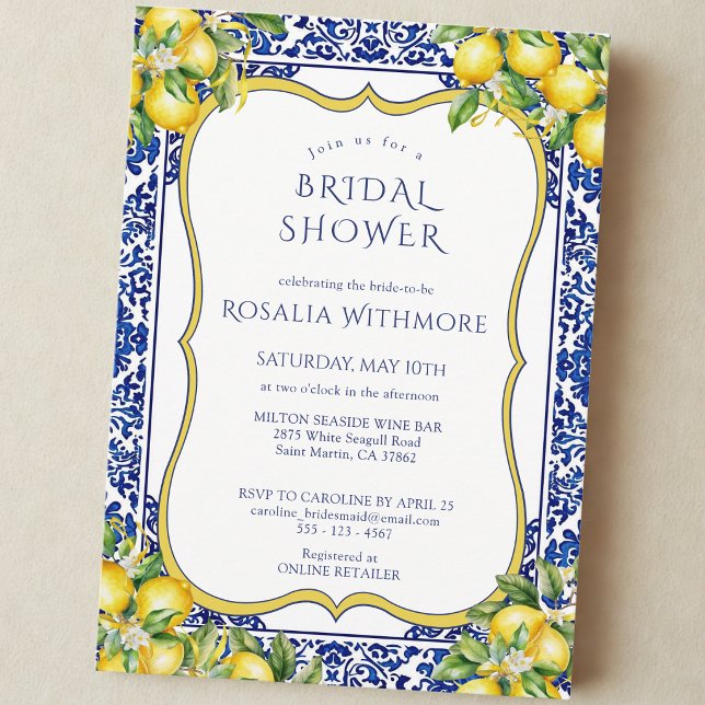 Blue Tile Lemon Mediterranean Bridal Shower Invitation (Creator Uploaded)