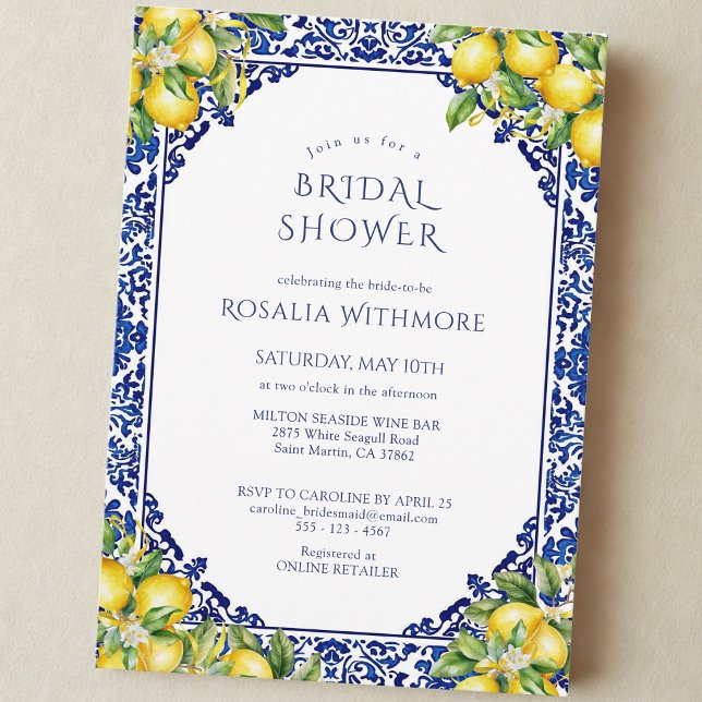 Blue Tile Lemon Mediterranean Bridal Shower Invitation (Creator Uploaded)