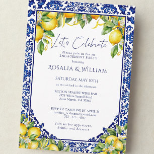 Blue Tile Lemon Mediterranean Engagement Party Invitation