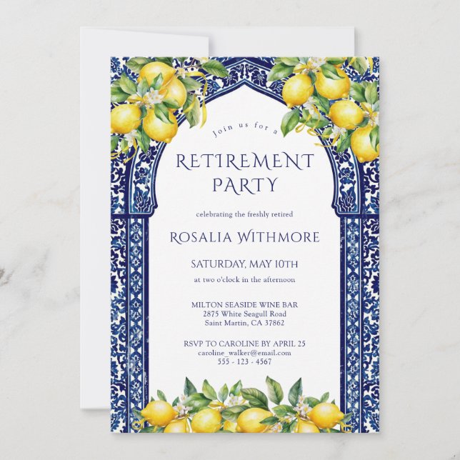 Blue Tile Lemon Mediterranean Retirement Party Invitation (Front)
