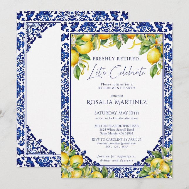 Blue Tile Lemon Mediterranean Retirement Party Invitation (Front/Back)