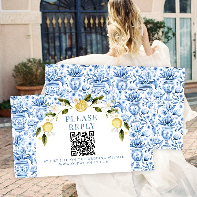 Blue tile lemon Mediterranean wedding rsvp QR Enclosure Card (Creator Uploaded)