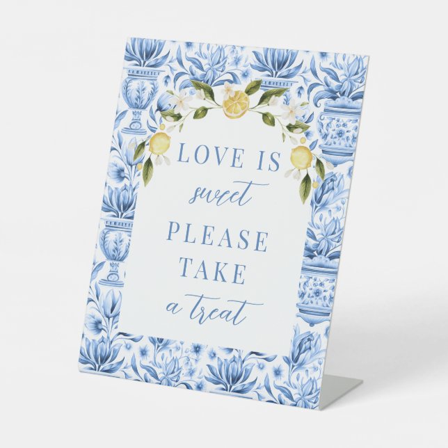 Blue tile lemon Mediterranean wedding treat sign (Front)