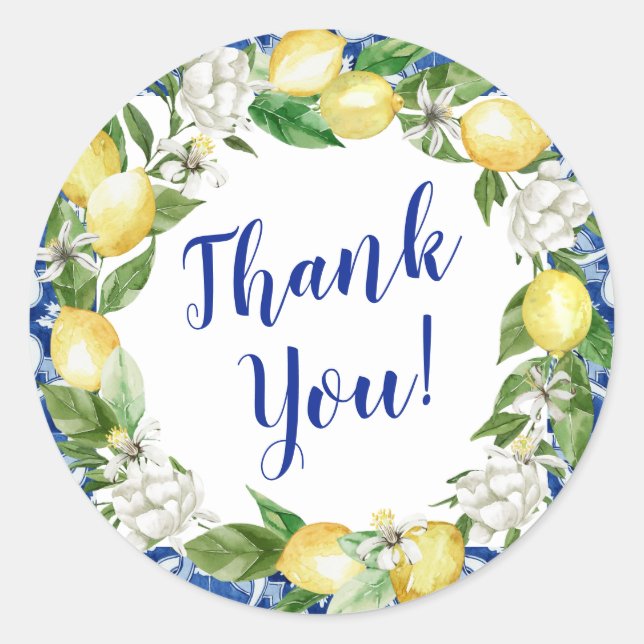 Blue Tile Lemon Thank You Classic Round Sticker (Front)