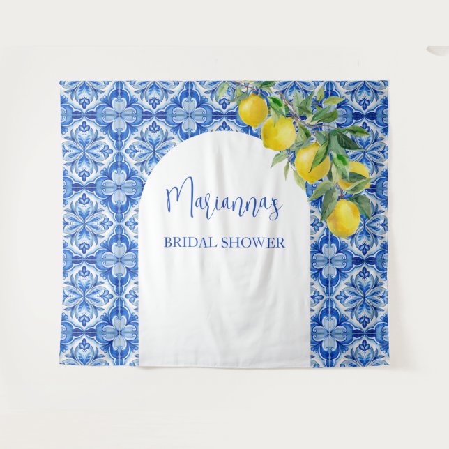 Blue tile lemon thats amore bridal shower backdrop tapestry (Front (Horizontal))