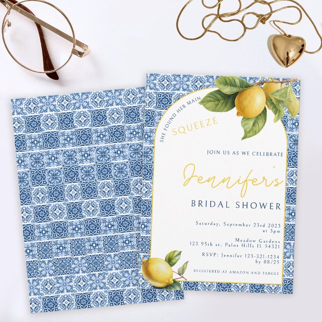 Blue tile Lemon theme Main squeeze Bridal Shower Invitation (Creator Uploaded)