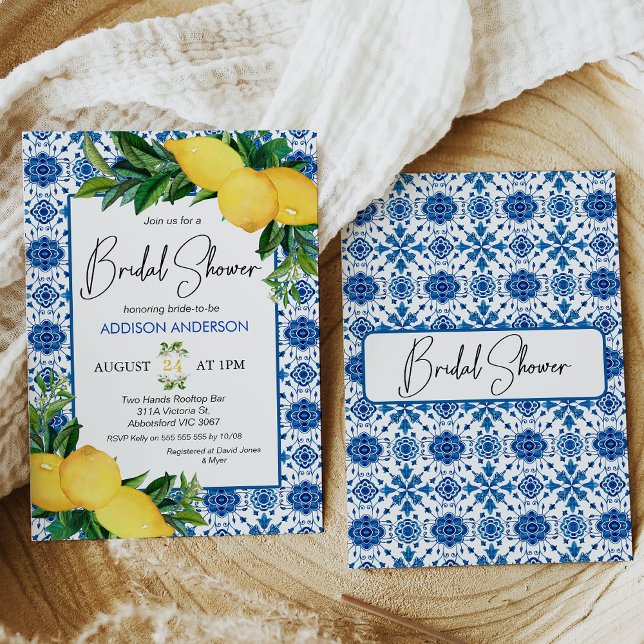 Blue Tile Lemon Themed Bridal Shower Invitation (Mediterranean blue tile, lemons and foliage bridal shower invitation with modern calligraphy heading)