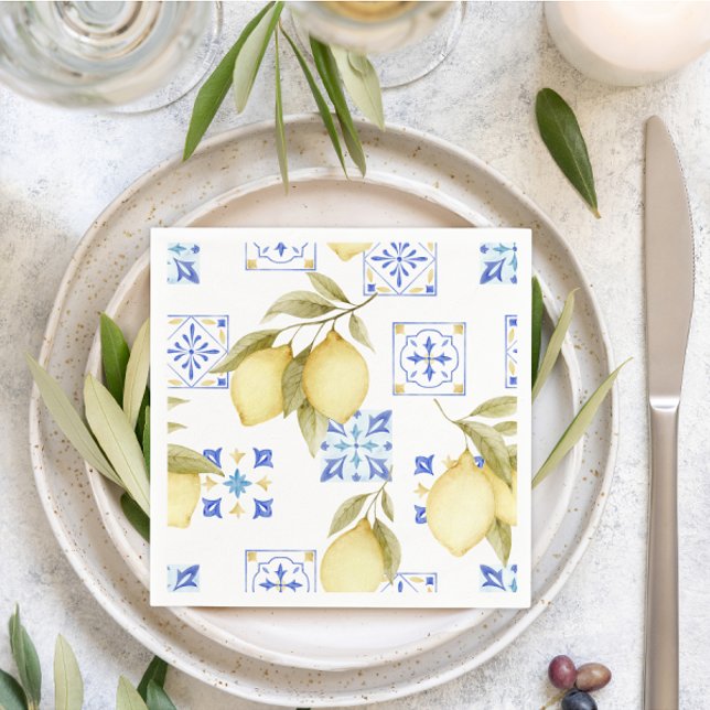 Blue Tile & Lemon Wedding Paper Napkins (Creator Uploaded)