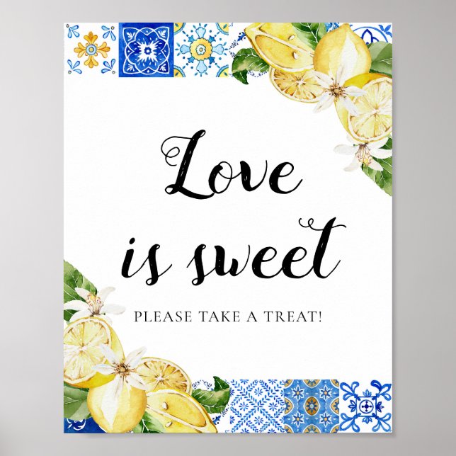 Blue Tile Lemons Love is Sweet Treat Favour Sign (Front)